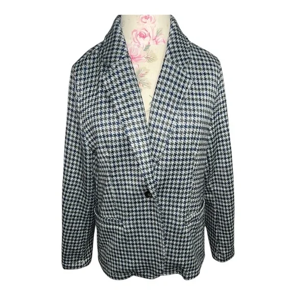 Lands' End Green and Blue Houndstooth Blazer Classic Notched Lapel - Picture 3 of 13